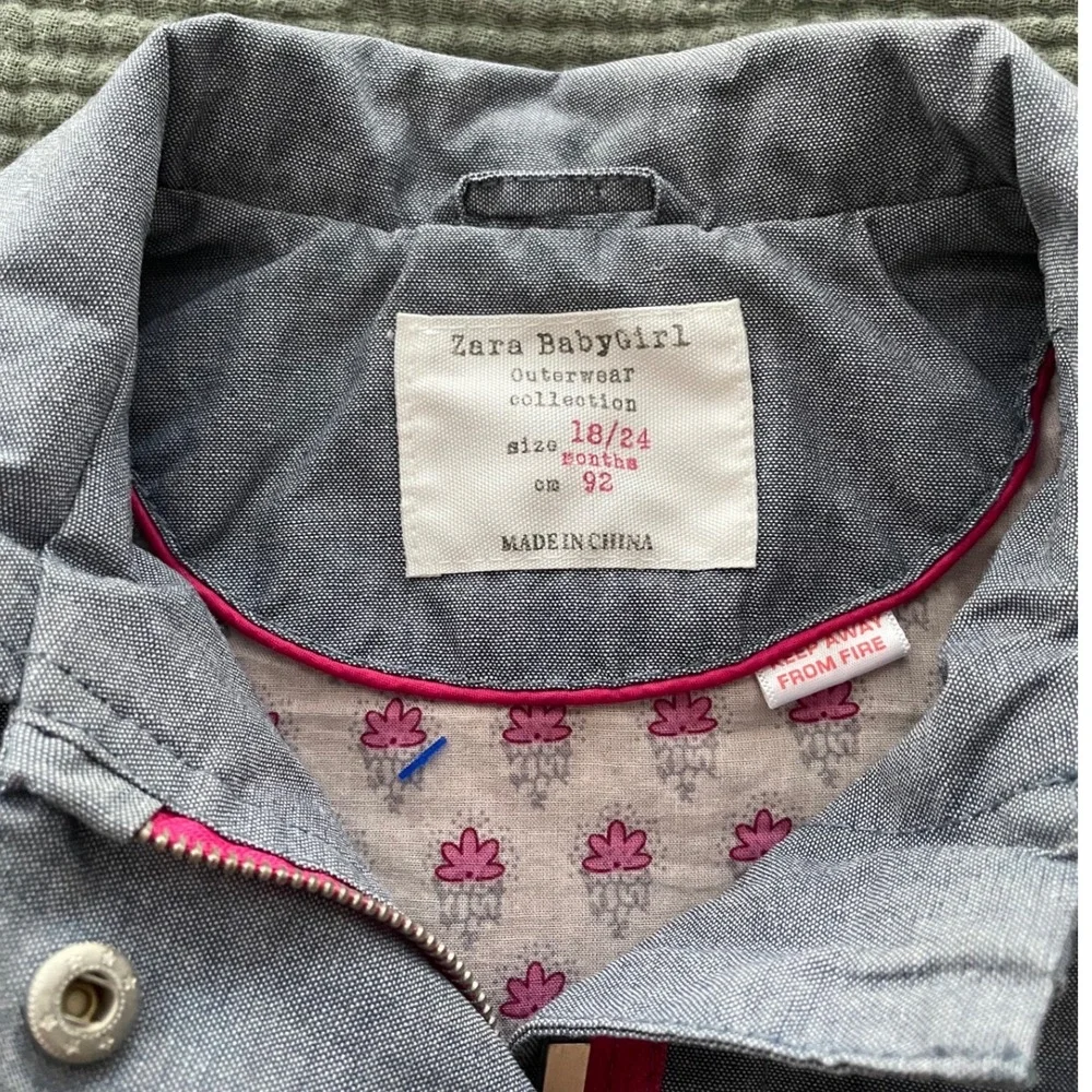 Zara‎ BabyGirl Gray Chore Coat Zip Up Rain Jacket 18-24 Months Spring Toddler